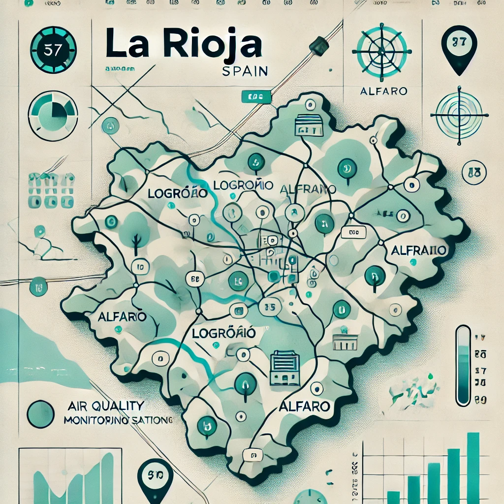 Mapa ilustrado de La Rioja, España, con la ubicación destacada de las estaciones de calidad del aire, incluyendo puntos estratégicos como Logroño (La Cigüeña) y Alfaro, utilizadas para la monitorización ambiental y el control de contaminantes en la región.