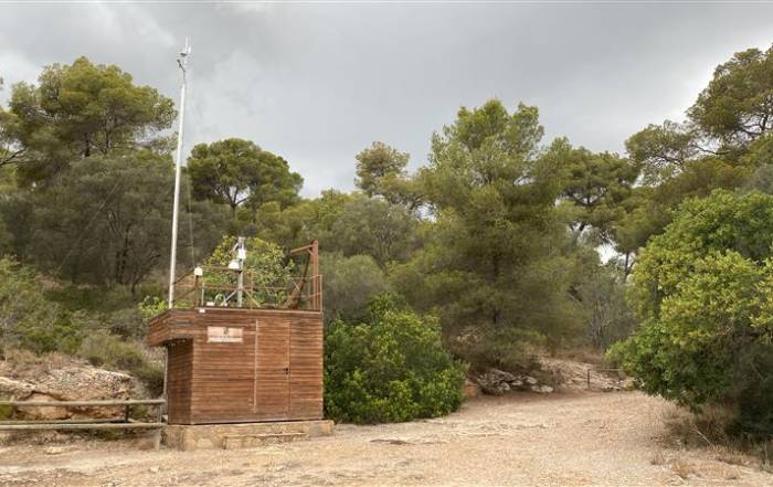 Vista panorámica de la estación de calidad del aire del Govern de les Illes Balears situada en el entorno forestal del Castell de Bellver, Mallorca.